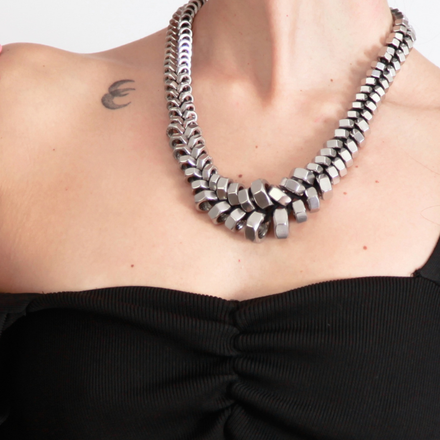 Statement nuts and bolts necklace in silver
