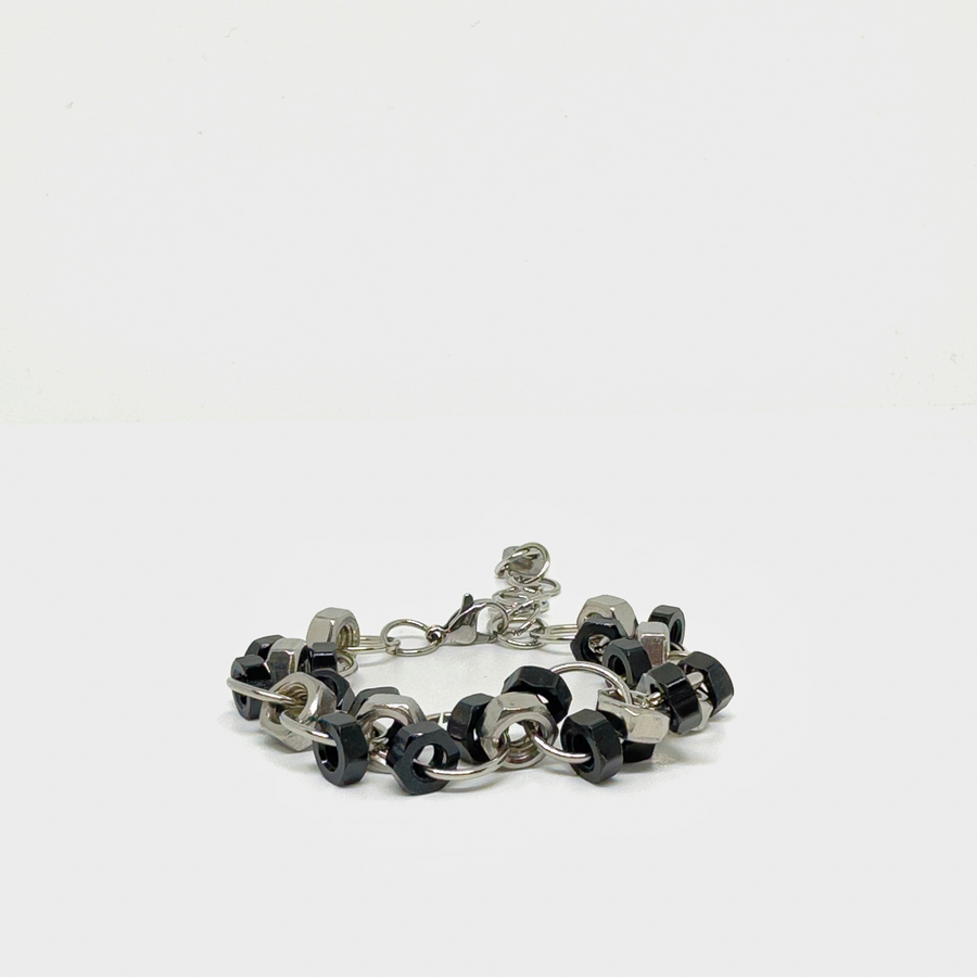 Elegant hex nuts bracelet in silver black