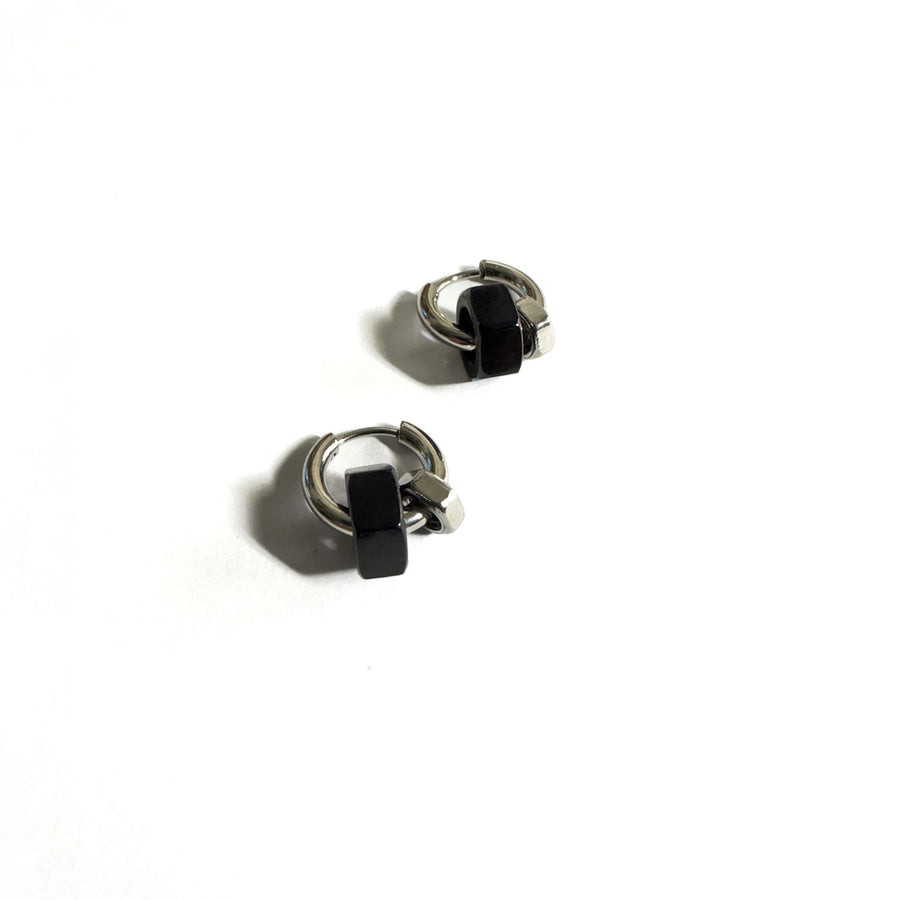 Silver hoops with black and silver hex nuts