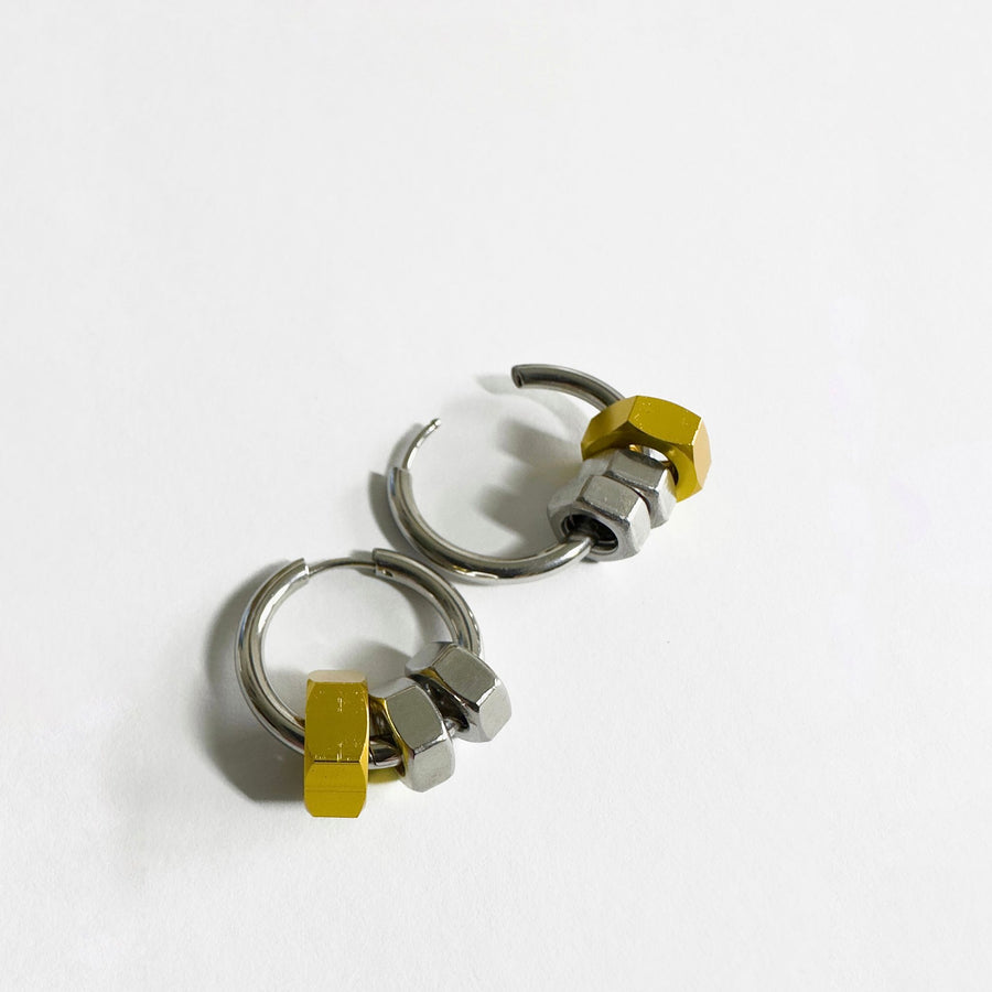 Silver hoops with gold and silver hex nuts