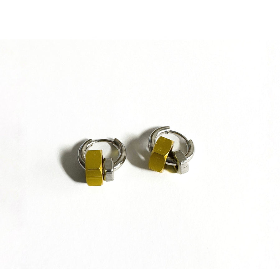 Small hoops earrings with gold and silver hex nuts