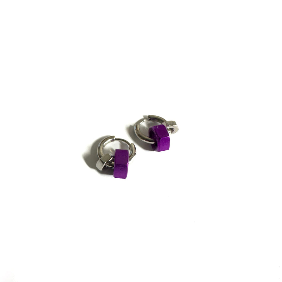 Stainless steel earrings with purple and silver hex nuts