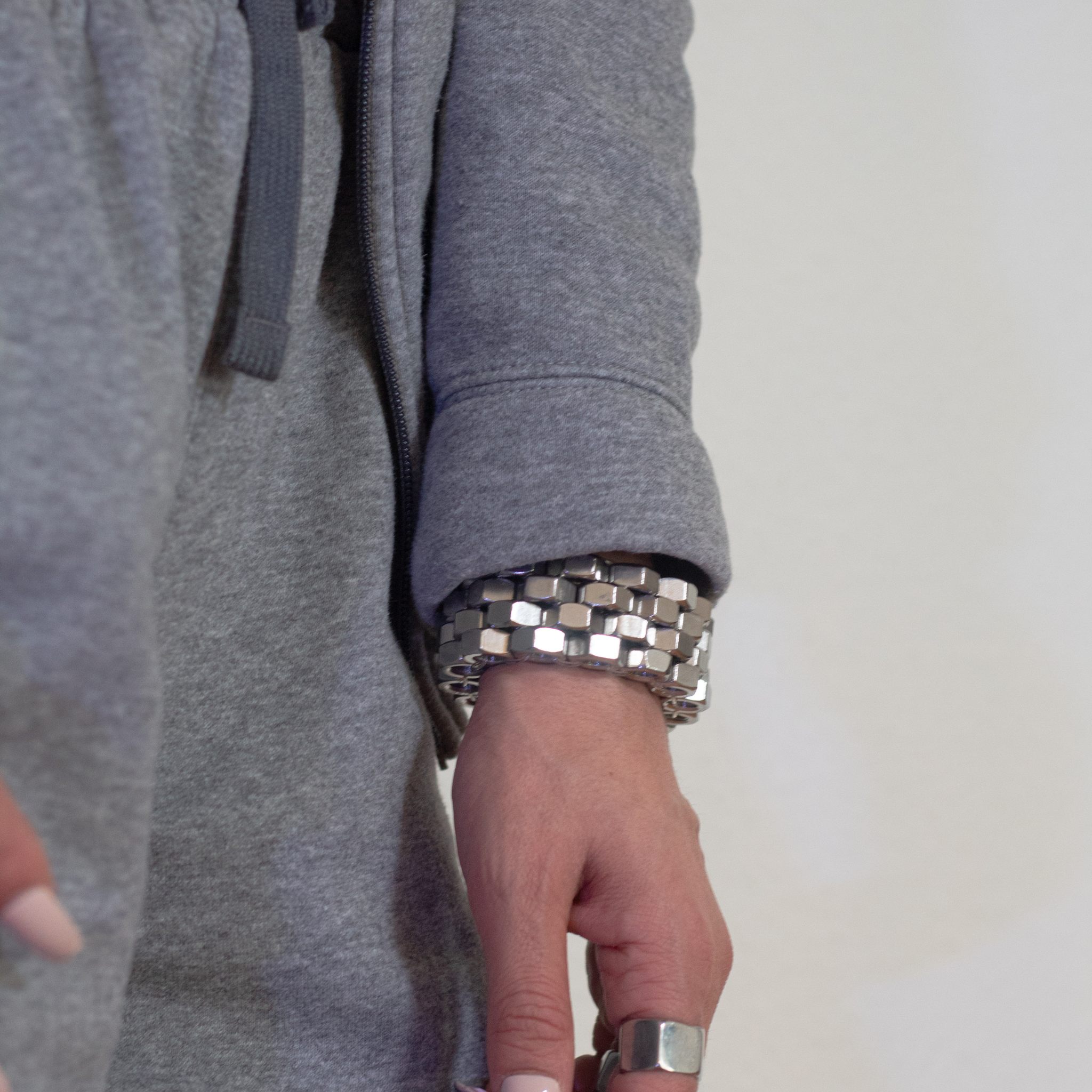 Hex nut cuff bracelet made from stainless steel, combining bold construction with a sleek finish